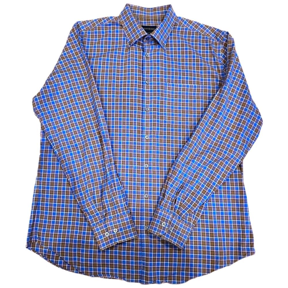 Scott Barber Men's XL Brown Blue Plaid Button Down Shirt Cotton PTP 25.5"